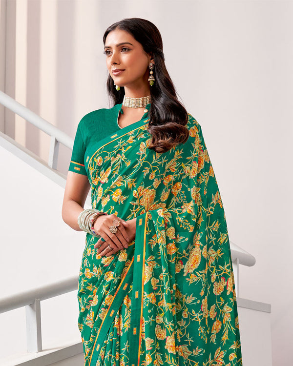 Vishal Prints Dark Green Printed Georgette Saree With Fancy Border