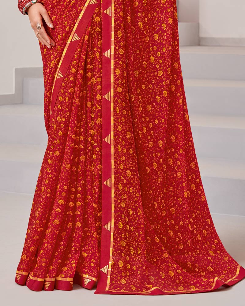 Vishal Prints Dark Red Printed Georgette Saree With Fancy Border