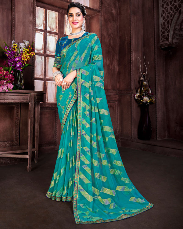 Vishal Prints Teal Blue Brasso Saree With Foil Print And Zari Border