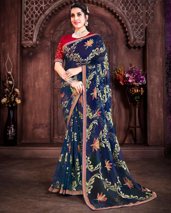 Vishal Prints Blue Brasso Saree With Foil Print And Zari Border