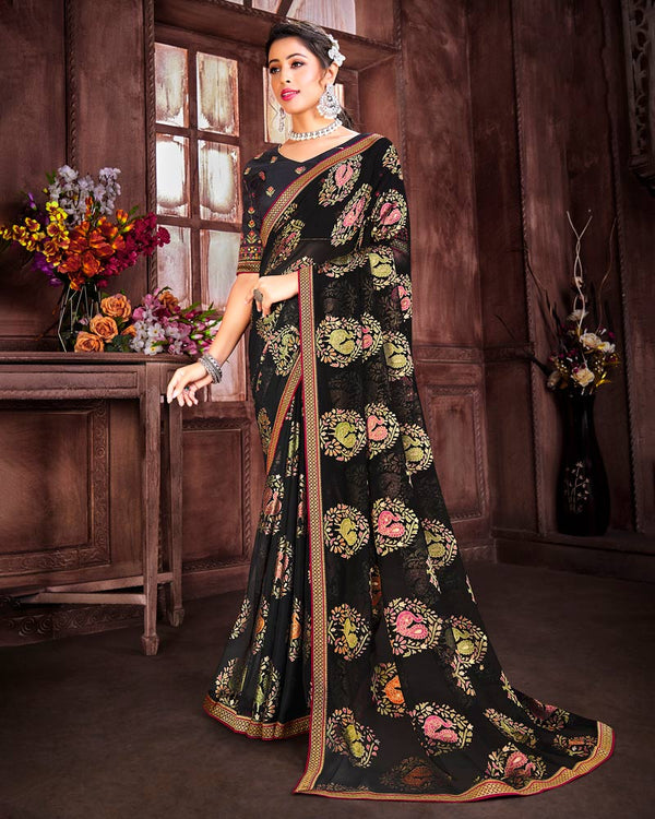 Vishal Prints Black Brasso Saree With Foil Print And Zari Border