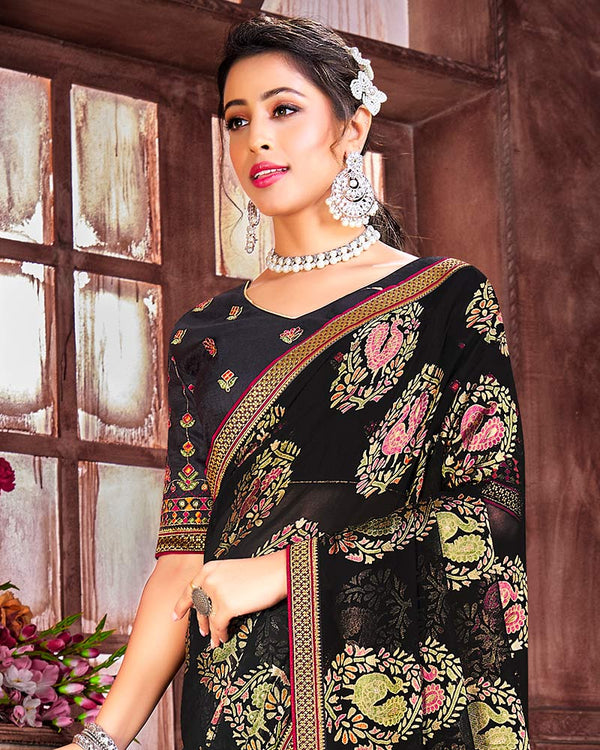 Vishal Prints Black Brasso Saree With Foil Print And Zari Border