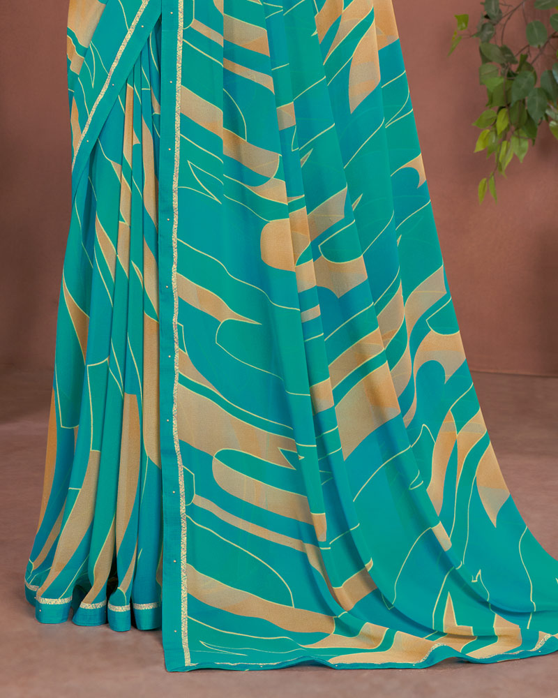 Vishal Prints Teal Blue Printed Georgette Saree With Fancy Border