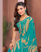 Vishal Prints Teal Blue Printed Georgette Saree With Fancy Border