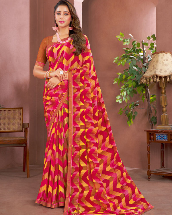 Vishal Prints Deep Coffee Brown Printed Georgette Saree With Fancy Border