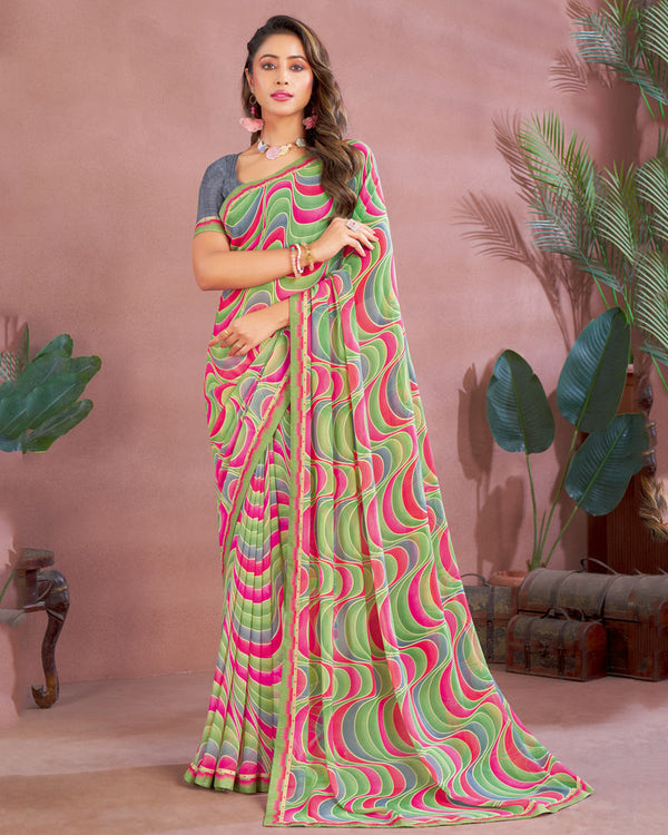 Vishal Prints Pastel Green Printed Georgette Saree With Fancy Border