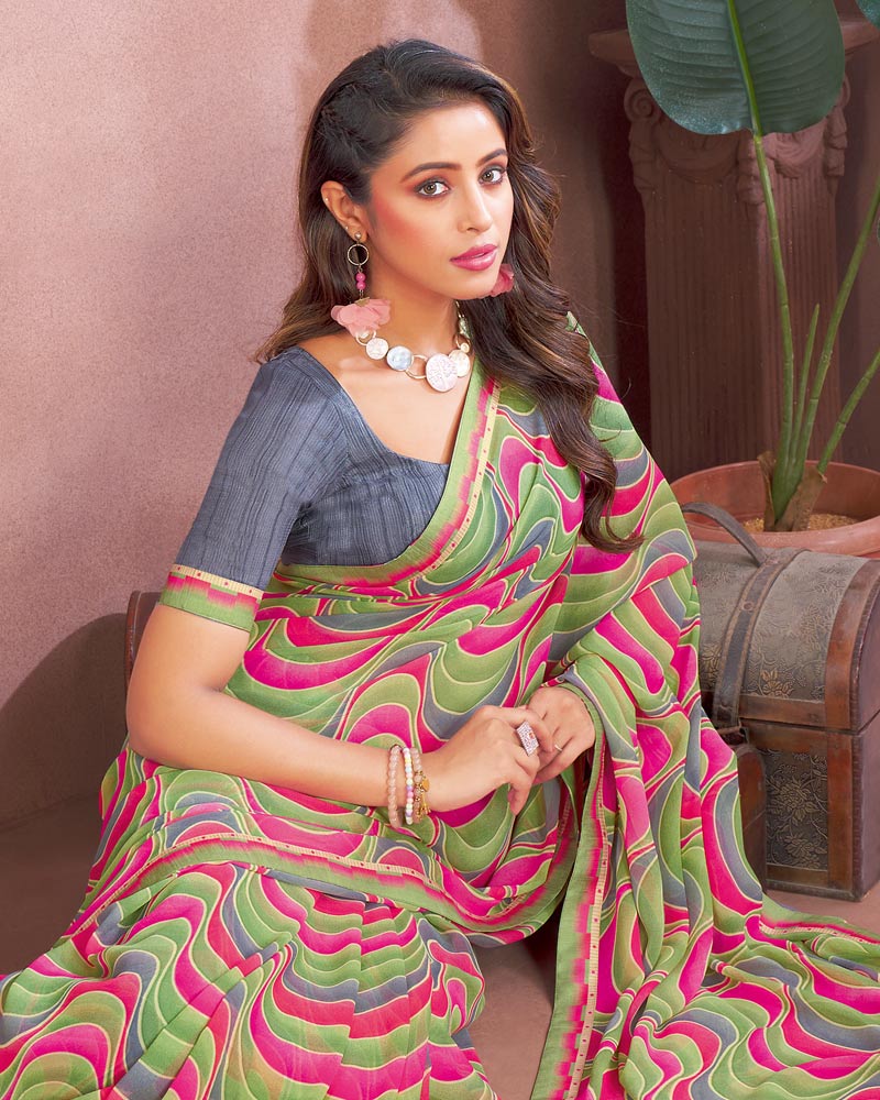 Vishal Prints Pastel Green Printed Georgette Saree With Fancy Border