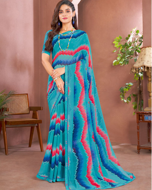 Vishal Prints Dark Turquoise Blue Printed Georgette Saree With Fancy Border