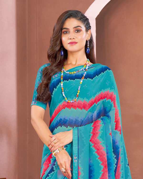 Vishal Prints Dark Turquoise Blue Printed Georgette Saree With Fancy Border