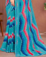 Vishal Prints Dark Turquoise Blue Printed Georgette Saree With Fancy Border