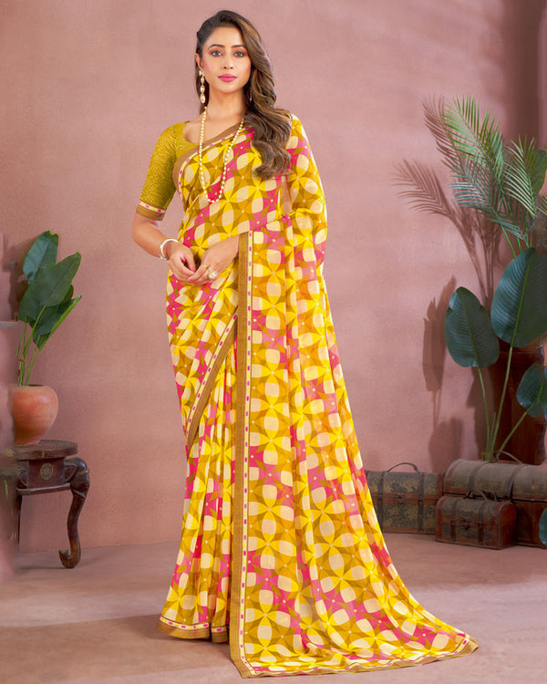 Vishal Prints Dark Mustard Printed Georgette Saree With Fancy Border