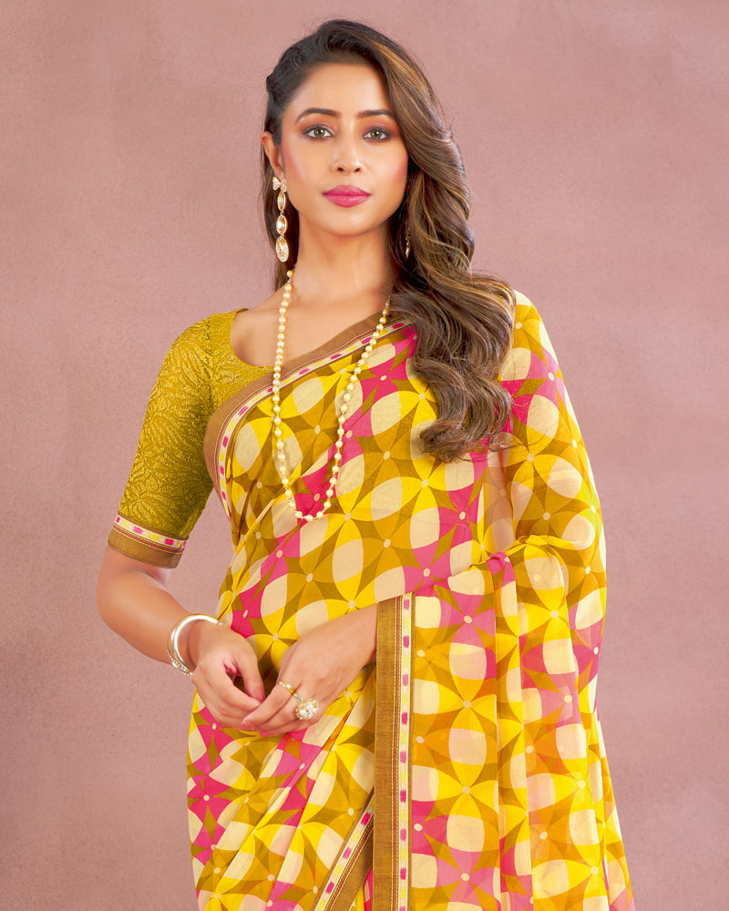 Vishal Prints Dark Mustard Printed Georgette Saree With Fancy Border