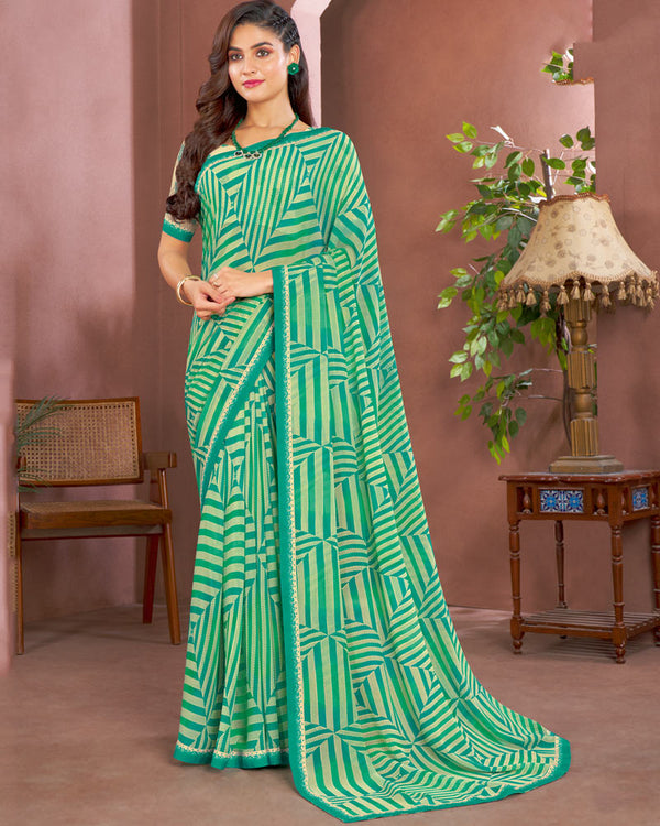 Vishal Prints Dark Mint Green Printed Georgette Saree With Fancy Border