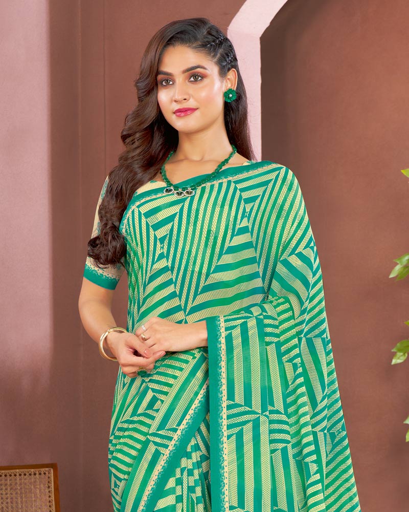 Vishal Prints Dark Mint Green Printed Georgette Saree With Fancy Border