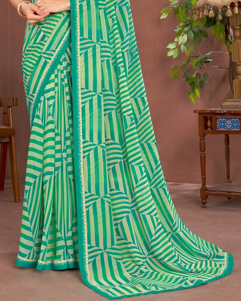 Vishal Prints Dark Mint Green Printed Georgette Saree With Fancy Border