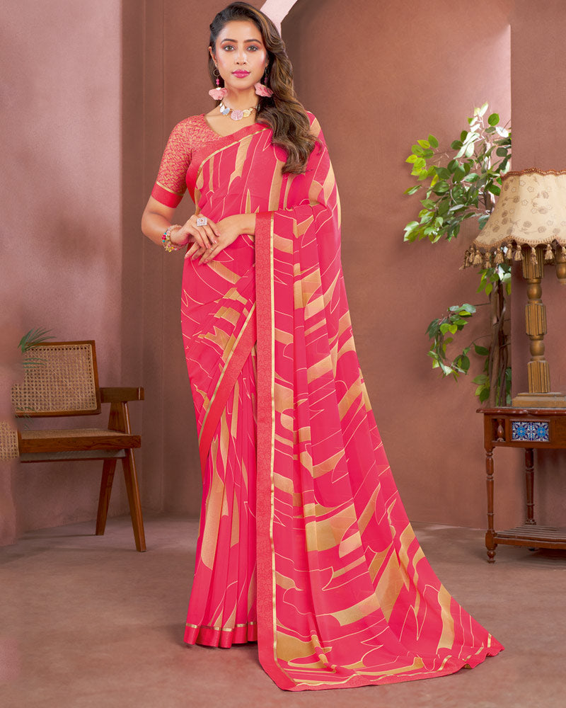 Vishal Prints Red Pink Printed Georgette Saree With Fancy Border