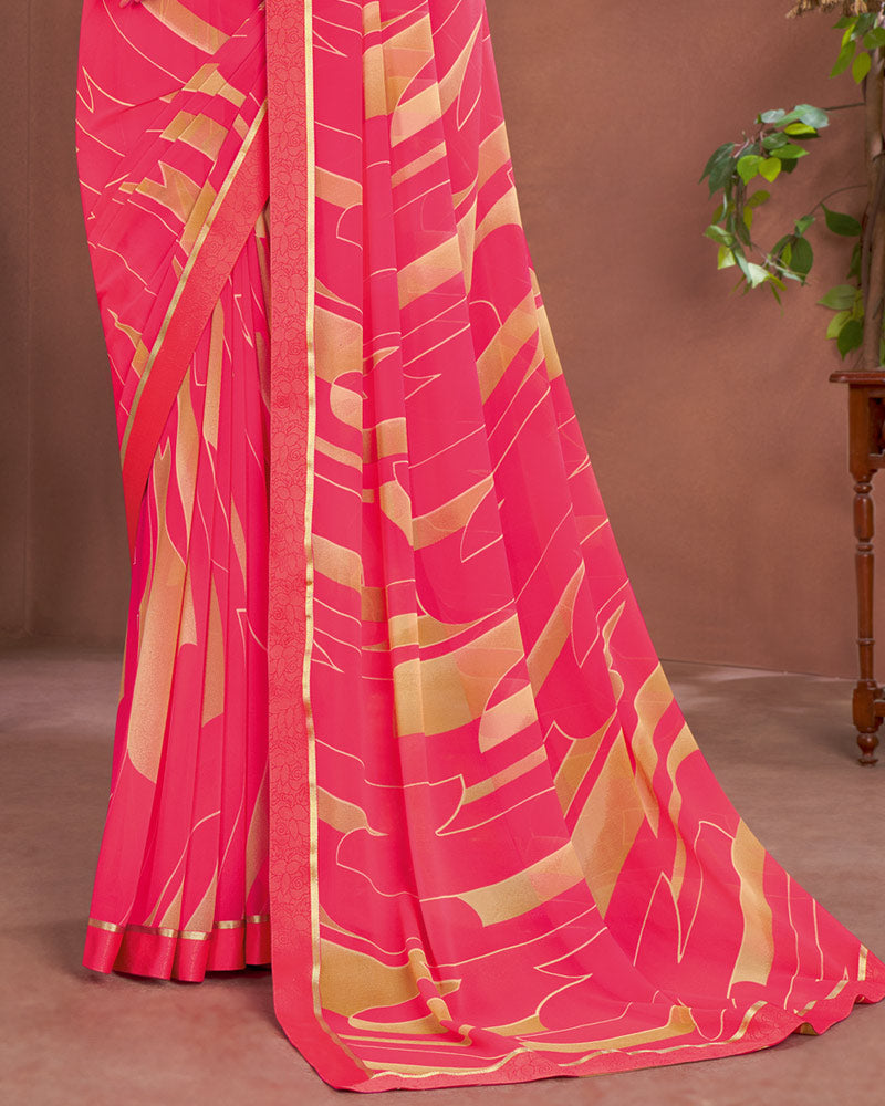 Vishal Prints Red Pink Printed Georgette Saree With Fancy Border