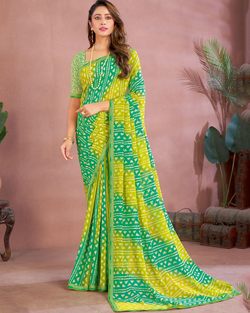 Vishal Prints Olive Green Printed Georgette Saree With Fancy Border