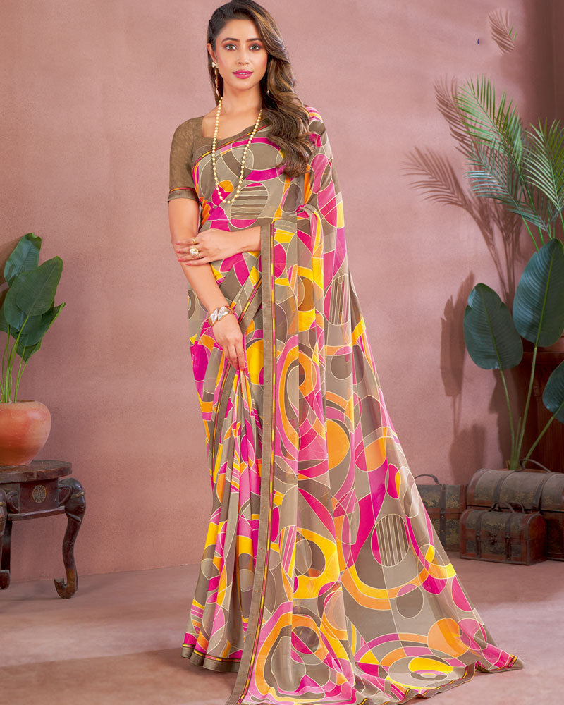 Vishal Prints Dark Sand Printed Georgette Saree With Fancy Border