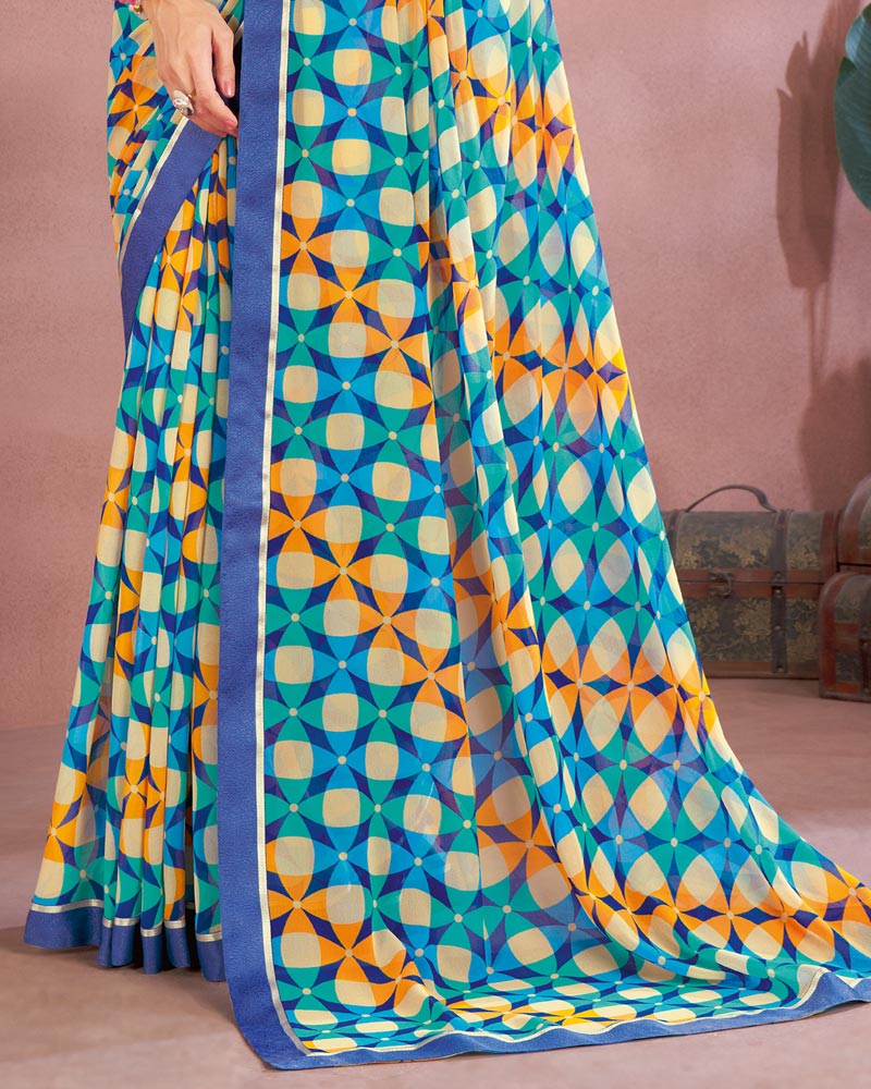 Vishal Prints Turquoise Blue Printed Georgette Saree With Fancy Border