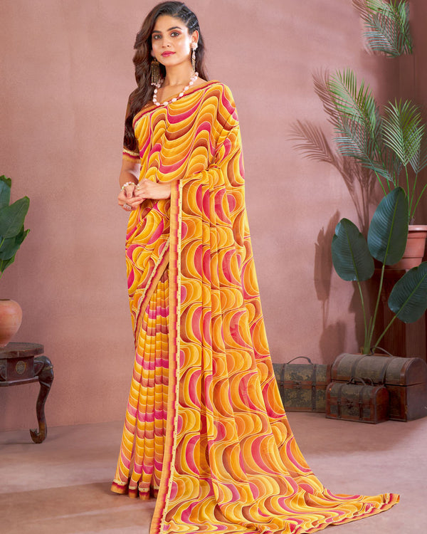 Vishal Prints Mustard Printed Georgette Saree With Fancy Border