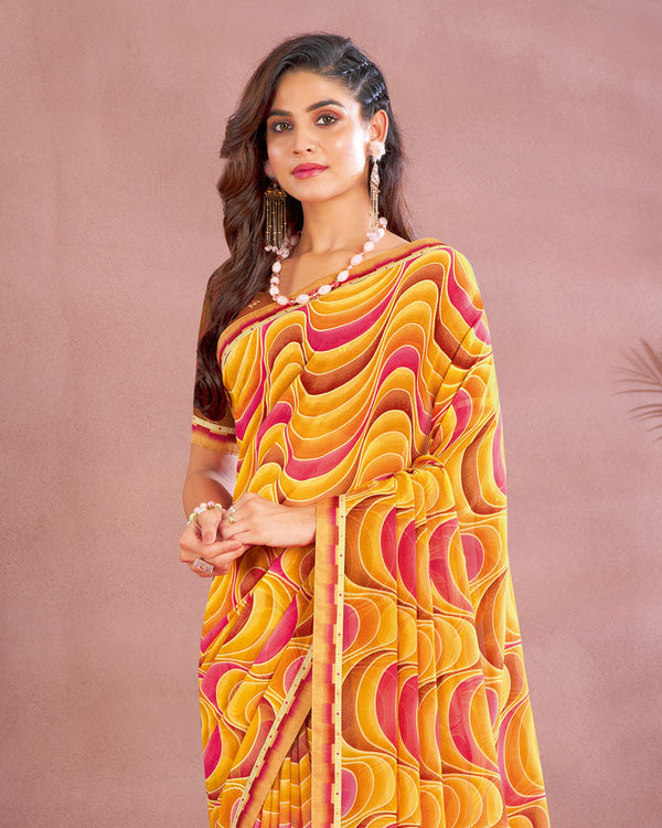 Vishal Prints Mustard Printed Georgette Saree With Fancy Border