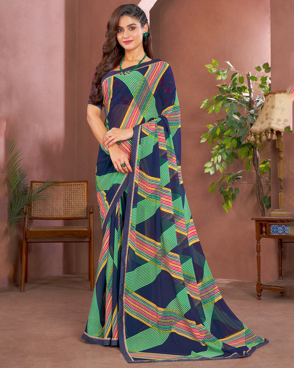 Vishal Prints Navy Blue Printed Georgette Saree With Fancy Border