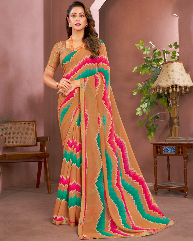 Vishal Prints Light Brown Printed Georgette Saree With Fancy Border