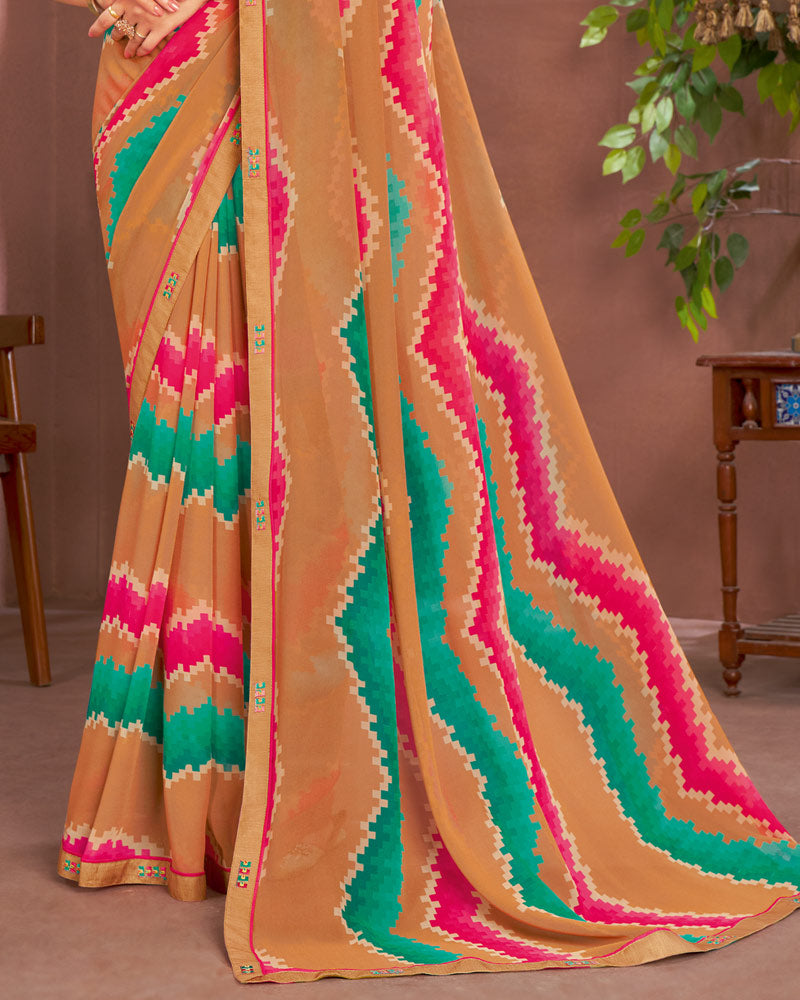 Vishal Prints Light Brown Printed Georgette Saree With Fancy Border