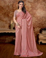 Vishal Prints Coral Pink Designer Chiffon Saree With Embroidery Work And Core Piping