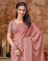 Vishal Prints Coral Pink Designer Chiffon Saree With Embroidery Work And Core Piping