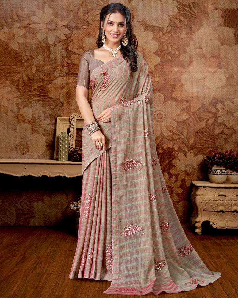 Vishal Prints Dusty Pink Designer Chiffon Saree With Embroidery Work And Core Piping