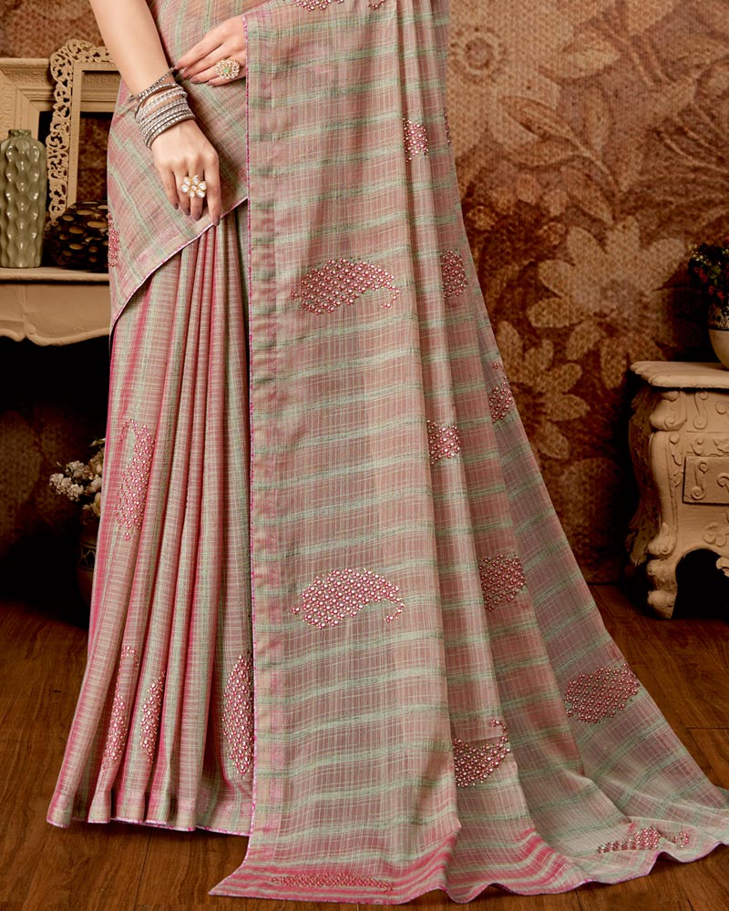 Vishal Prints Dusty Pink Designer Chiffon Saree With Embroidery Work And Core Piping