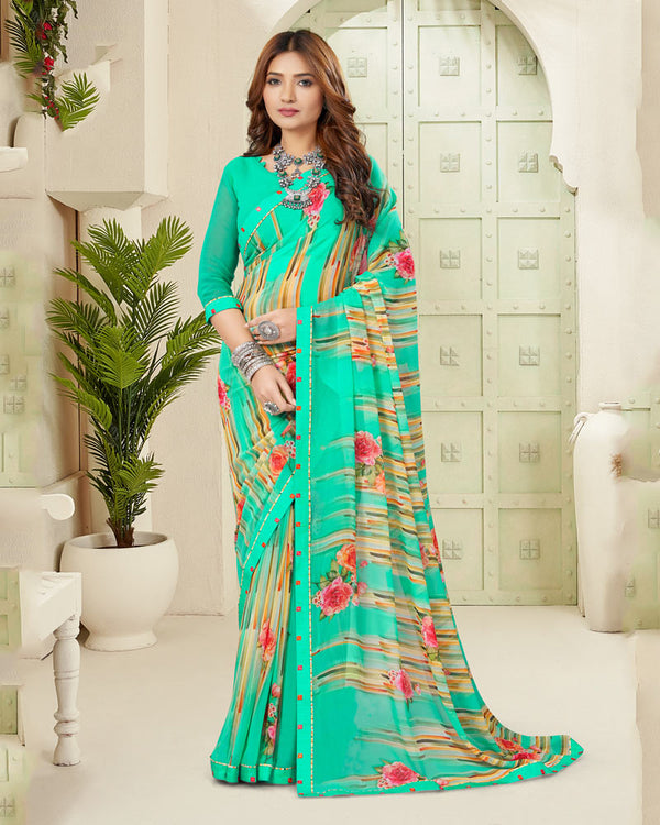 Vishal Prints Aqua Green Digital Print Georgette Saree With Fancy Border