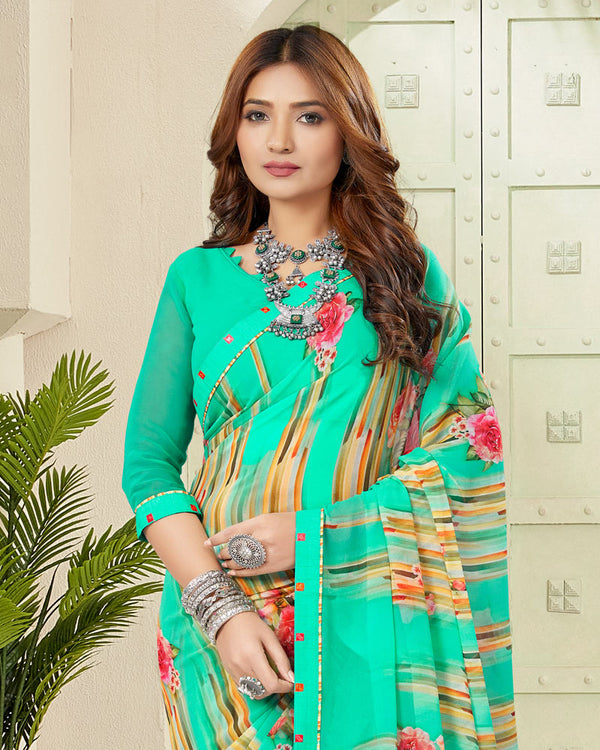 Vishal Prints Aqua Green Digital Print Georgette Saree With Fancy Border