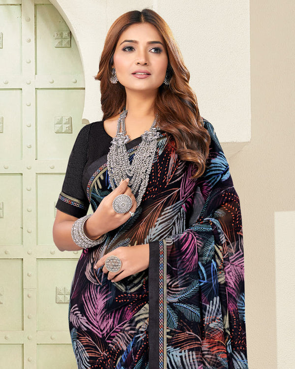 Vishal Prints Black Digital Print Georgette Saree With Fancy Border