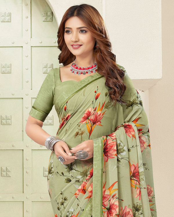 Vishal Prints Turquoise Green Digital Print Georgette Saree With Fancy Border