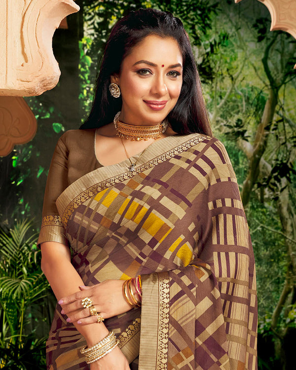 Vishal Prints Brown Printed Georgette Saree With Border