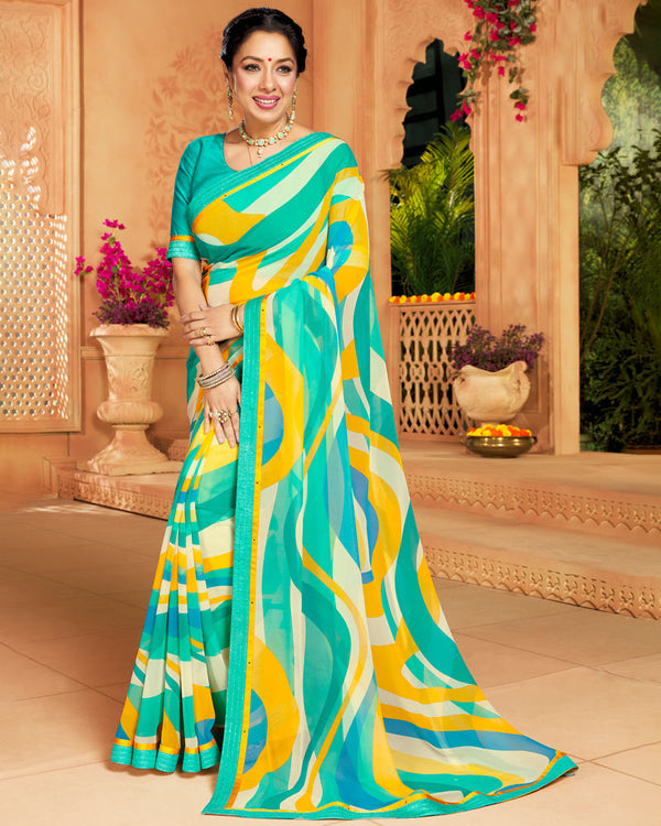 Vishal Prints Turquoise Blue Printed Georgette Saree With Border