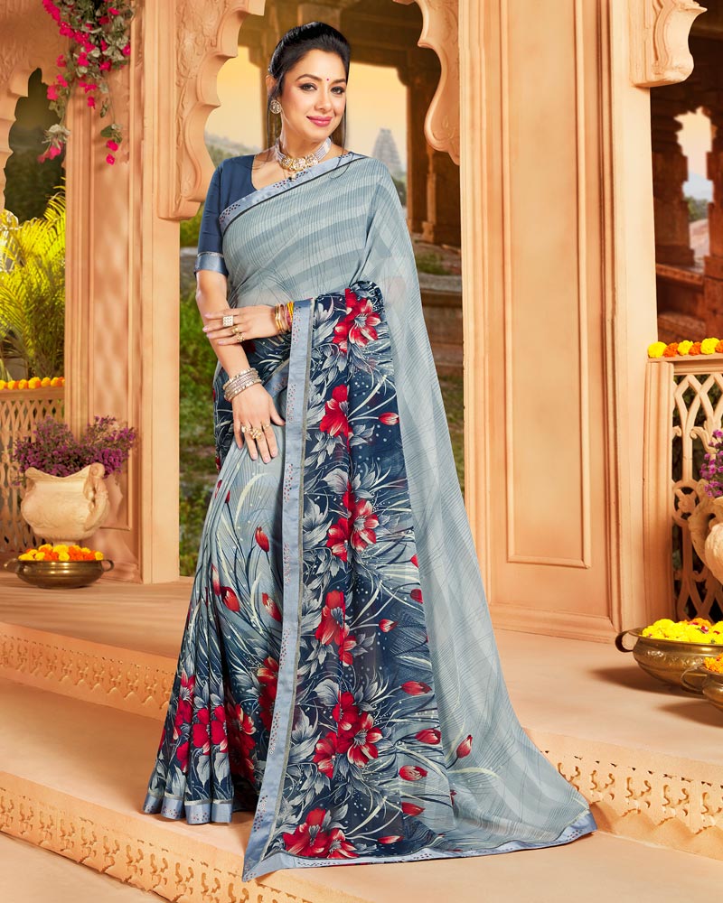 Vishal Prints Bluish Grey Printed Georgette Saree With Border