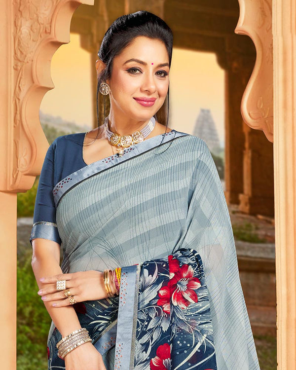 Vishal Prints Bluish Grey Printed Georgette Saree With Border