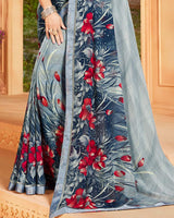 Vishal Prints Bluish Grey Printed Georgette Saree With Border