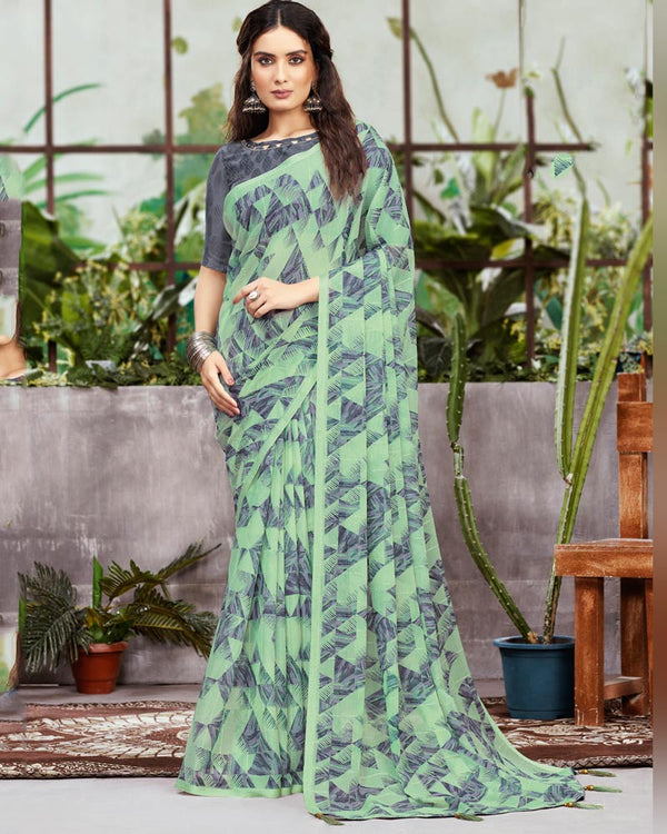 Vishal Prints Turquoise Green Fancy Georgette Printed Saree With Viscose Border