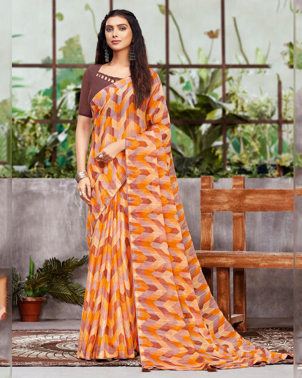 Vishal Prints Yellowish Orange Printed Fancy Georgette Saree With Core Piping