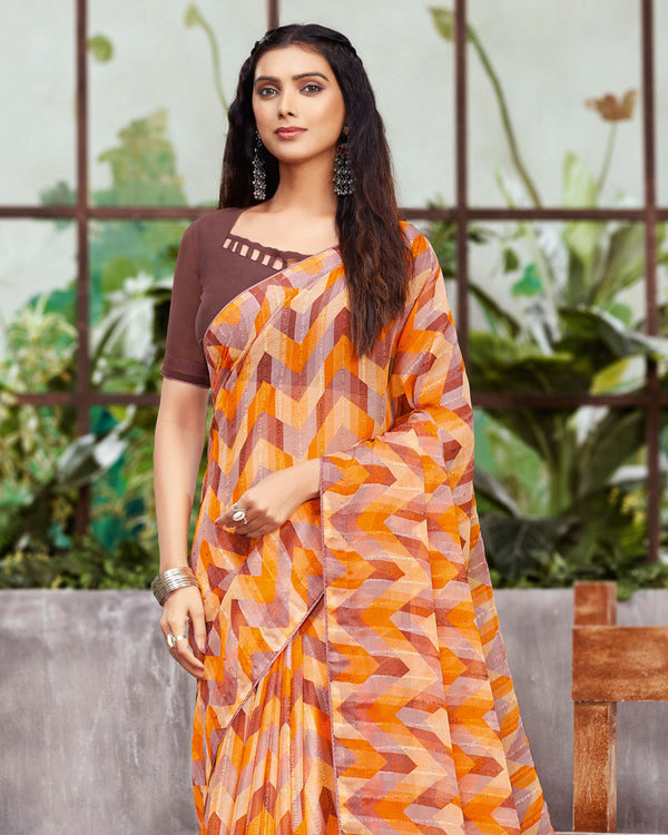 Vishal Prints Yellowish Orange Printed Fancy Georgette Saree With Core Piping