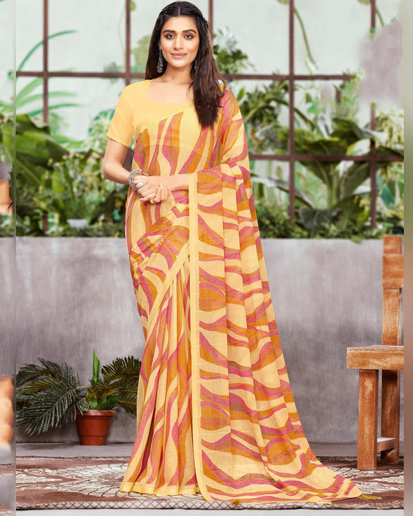 Vishal Prints Pastel Yellow Printed Fancy Georgette Saree With Viscose Border