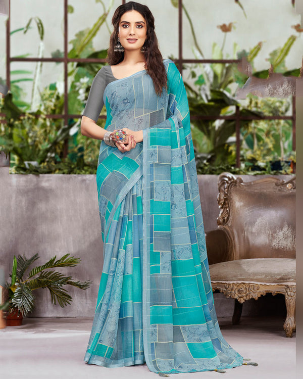 Vishal Prints Turquoise Green Printed Fancy Georgette Saree With Viscose Border