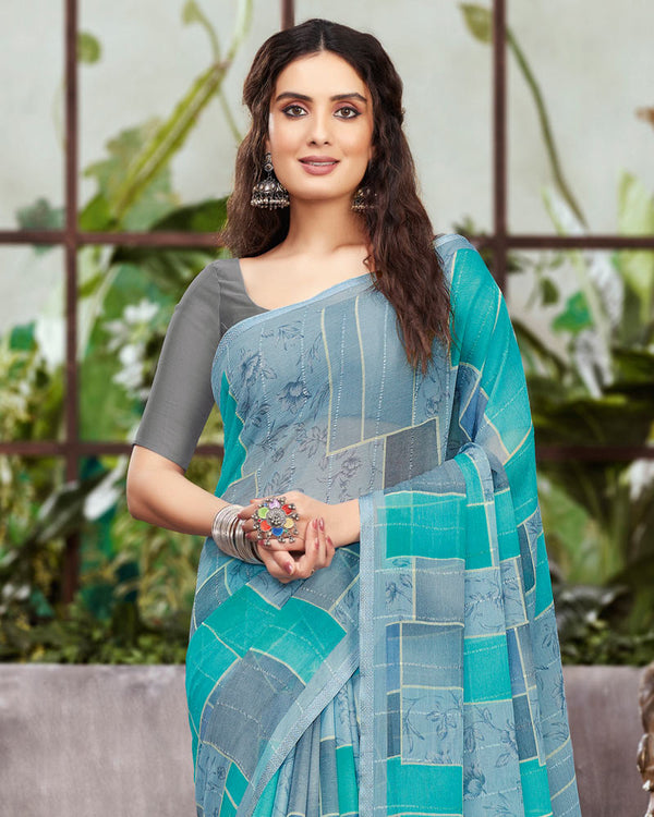 Vishal Prints Turquoise Green Printed Fancy Georgette Saree With Viscose Border