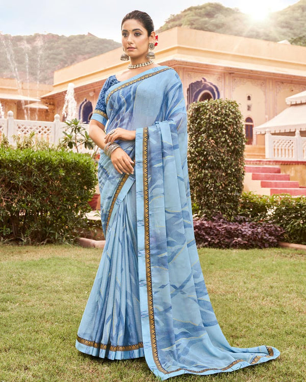 Vishal Prints Pastel Blue Printed Fancy Chiffon Saree With Foil Print And Border