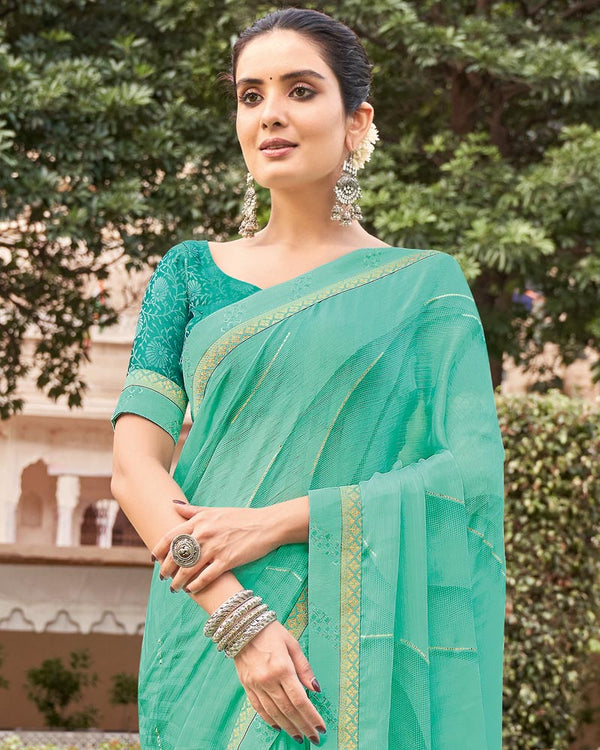 Vishal Prints Aqua Green Printed Fancy Chiffon Saree With Foil Print And Border